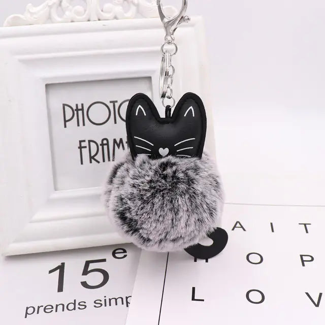 Cute Black Kitten Keychain with Rabbit Hairball Pendant