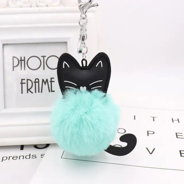 Cute Black Kitten Keychain with Rabbit Hairball Pendant