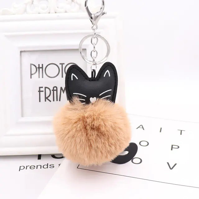 Cute Black Kitten Keychain with Rabbit Hairball Pendant