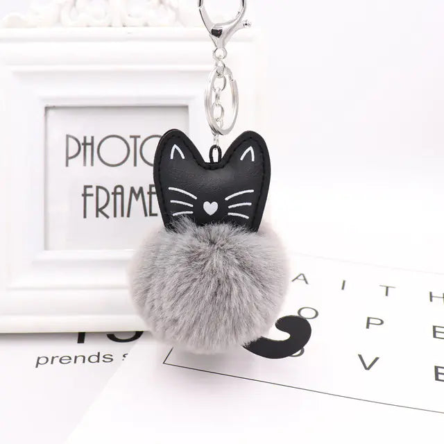 Cute Black Kitten Keychain with Rabbit Hairball Pendant