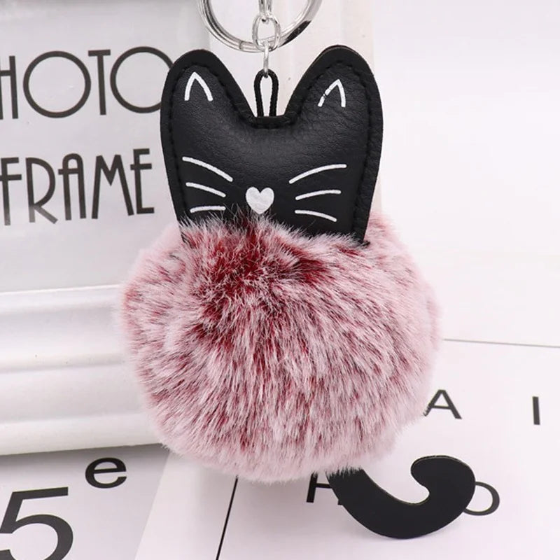 Cute Black Kitten Keychain with Rabbit Hairball Pendant