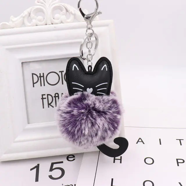Cute Black Kitten Keychain with Rabbit Hairball Pendant