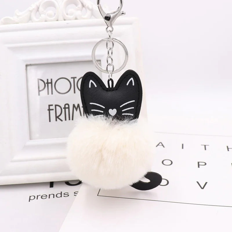 Cute Black Kitten Keychain with Rabbit Hairball Pendant