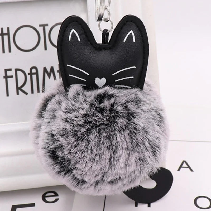 Cute Black Kitten Keychain with Rabbit Hairball Pendant