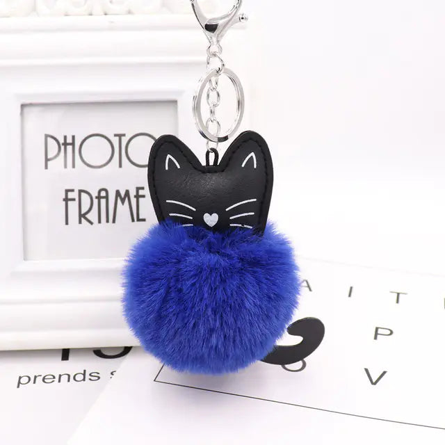 Cute Black Kitten Keychain with Rabbit Hairball Pendant