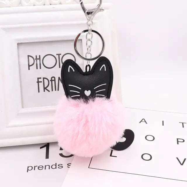 Cute Black Kitten Keychain with Rabbit Hairball Pendant