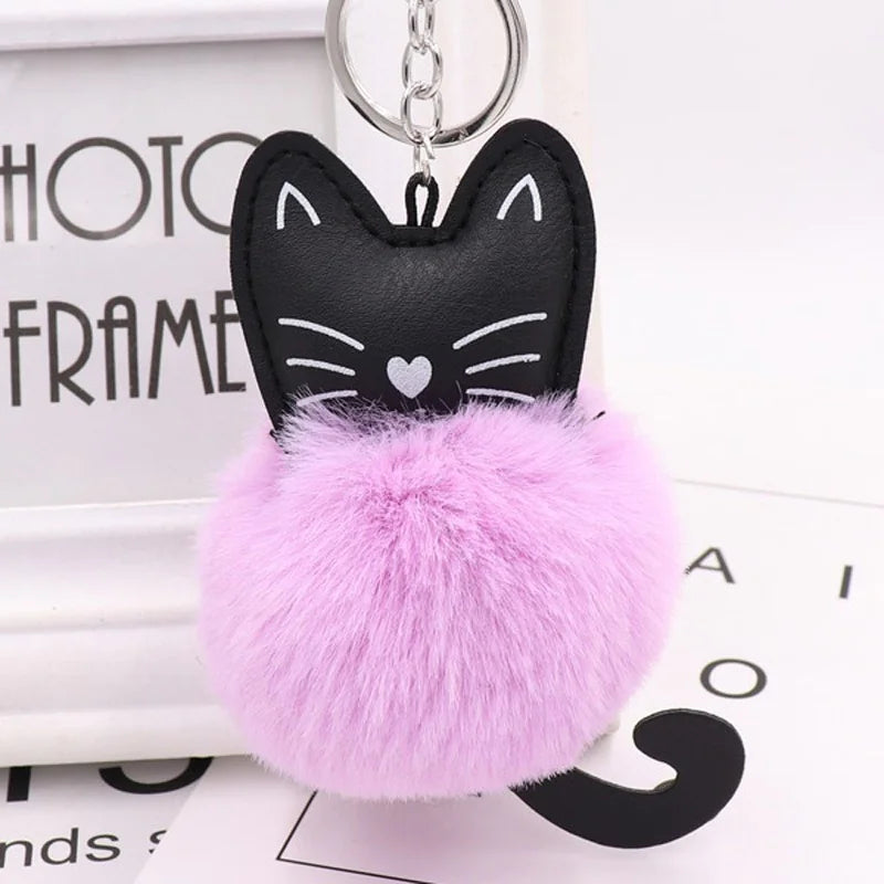 Cute Black Kitten Keychain with Rabbit Hairball Pendant
