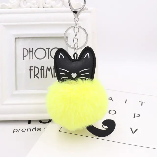 Cute Black Kitten Keychain with Rabbit Hairball Pendant