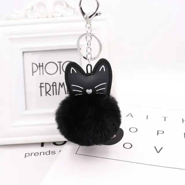 Cute Black Kitten Keychain with Rabbit Hairball Pendant