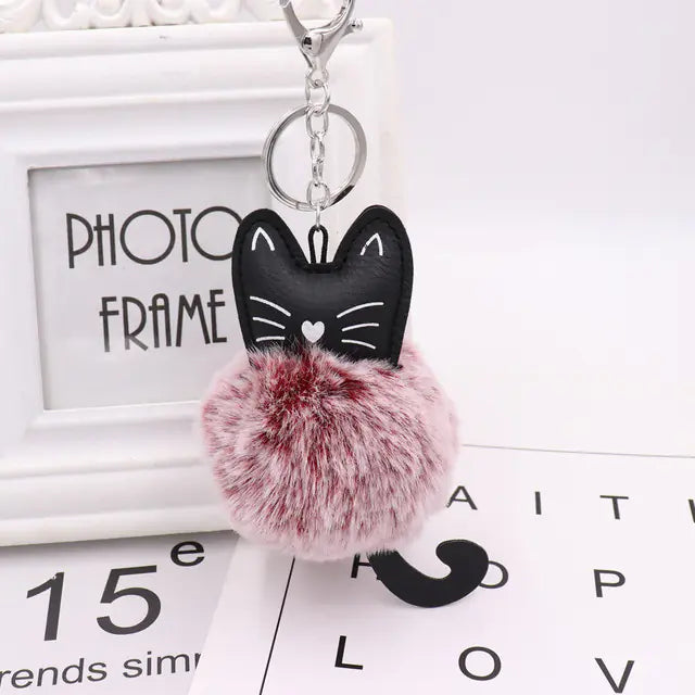 Cute Black Kitten Keychain with Rabbit Hairball Pendant