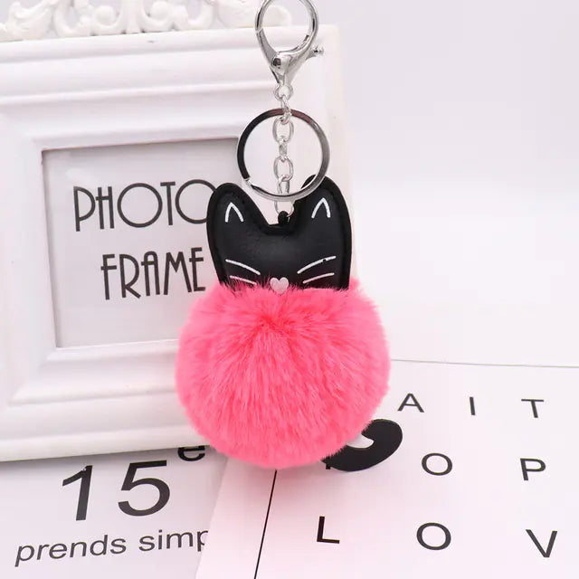 Cute Black Kitten Keychain with Rabbit Hairball Pendant