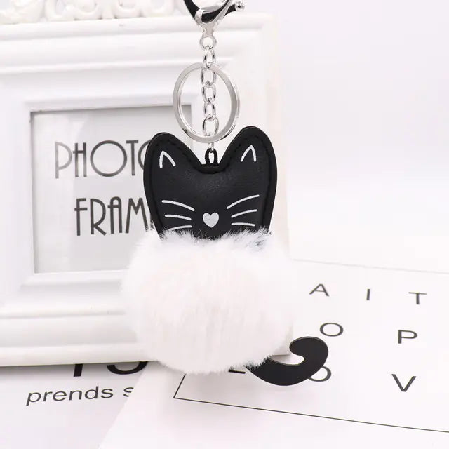 Cute Black Kitten Keychain with Rabbit Hairball Pendant