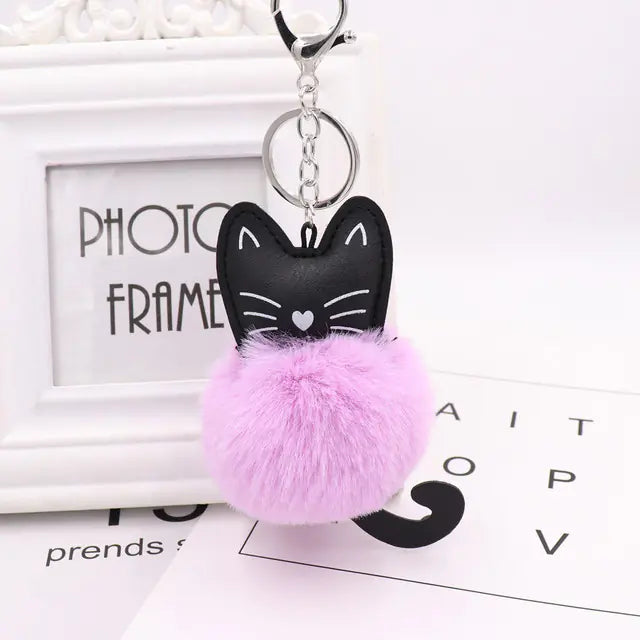Cute Black Kitten Keychain with Rabbit Hairball Pendant