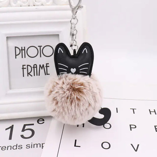 Cute Black Kitten Keychain with Rabbit Hairball Pendant